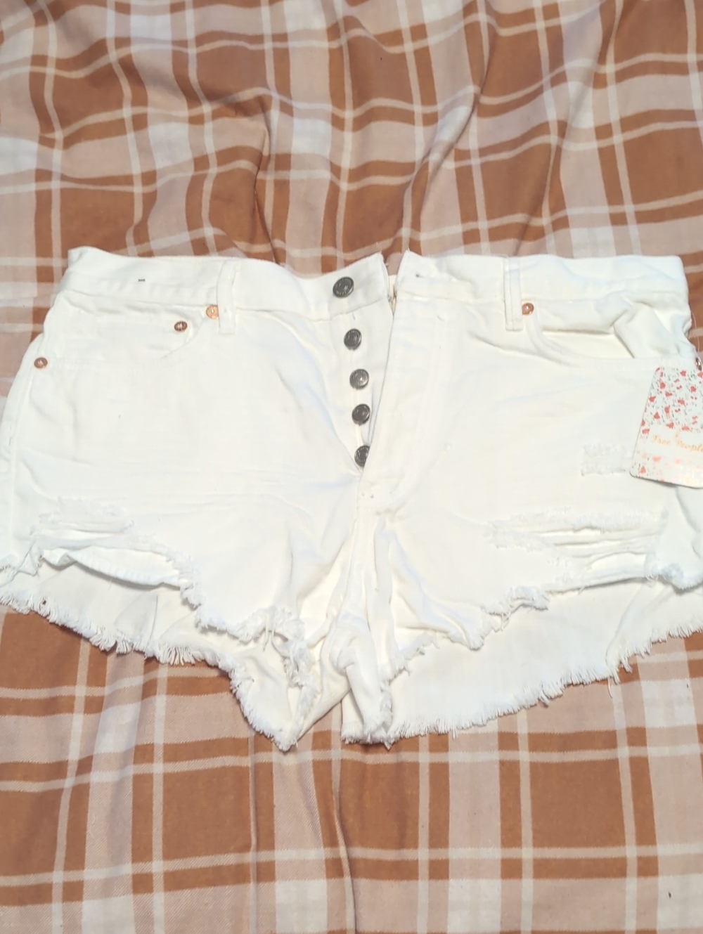 Free People White Distressed Button-Front Denim Shorts